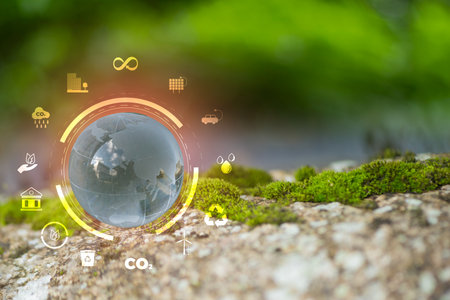 Natural environment and carbon neutral concepts in hand for net zero emissions targets. Weather-neutral long-term strategy Target Cloud in Green Net Zeroの写真素材