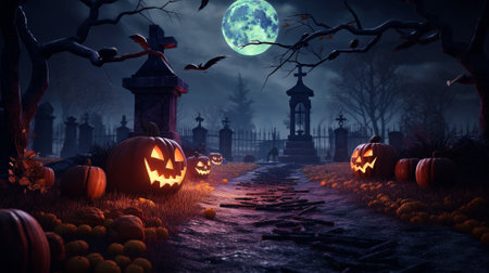 Halloween festival and pumpkins in the cemetery on a night with ghosts in the night - Halloween backgroundの素材