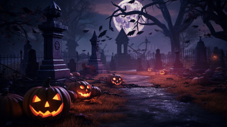 Halloween festival and pumpkins in the cemetery on a night with ghosts in the night - Halloween backgroundの素材