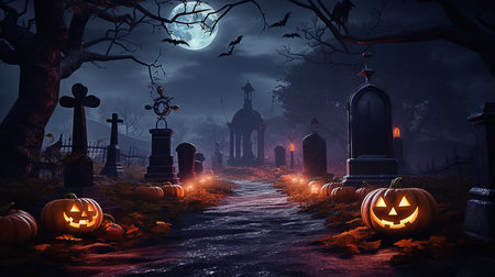 Halloween festival and pumpkins in the cemetery on a night with ghosts in the night - Halloween backgroundの素材