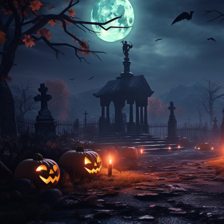 Halloween festival and pumpkins in the cemetery on a night with ghosts in the night - Halloween backgroundの素材