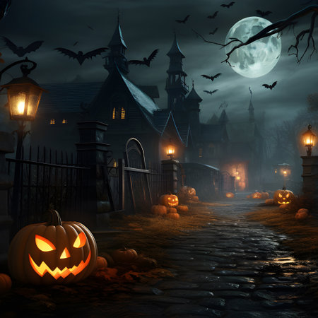 Halloween festival and pumpkins in the cemetery on a night with ghosts in the night - Halloween backgroundの素材
