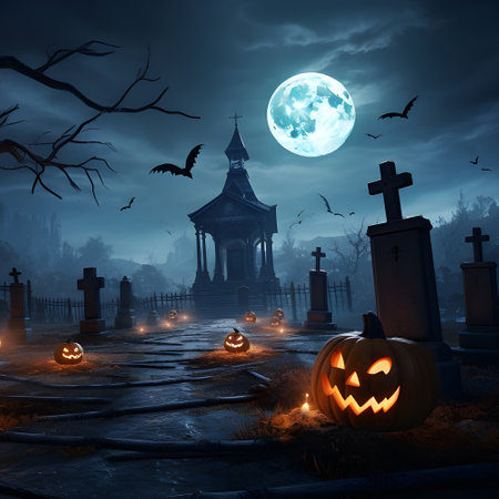 Halloween festival and pumpkins in the cemetery on a night with ghosts in the night - Halloween backgroundの素材