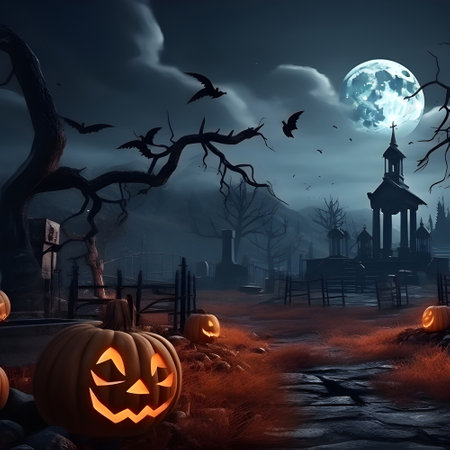 Halloween festival and pumpkins in the cemetery on a night with ghosts in the night - Halloween backgroundの素材