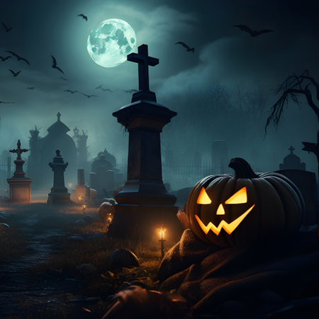 Halloween festival and pumpkins in the cemetery on a night with ghosts in the night - Halloween backgroundの素材