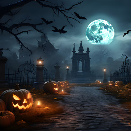 Halloween festival and pumpkins in the cemetery on a night with ghosts in the night - Halloween backgroundの素材