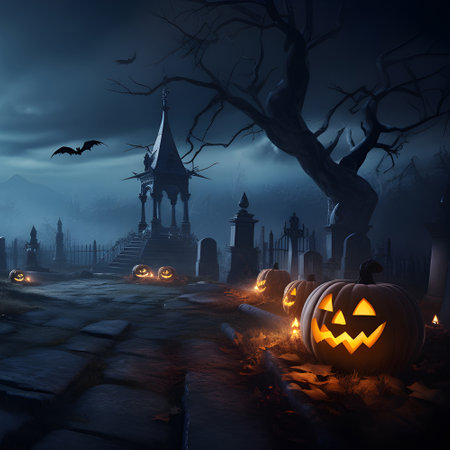 Halloween festival and pumpkins in the cemetery on a night with ghosts in the night - Halloween backgroundの素材
