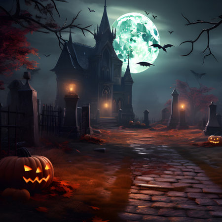 Halloween festival and pumpkins in the cemetery on a night with ghosts in the night - Halloween backgroundの素材