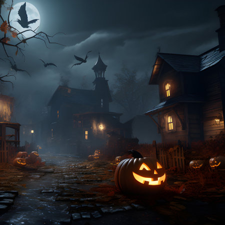 Halloween festival and pumpkins in the cemetery on a night with ghosts in the night - Halloween backgroundの素材