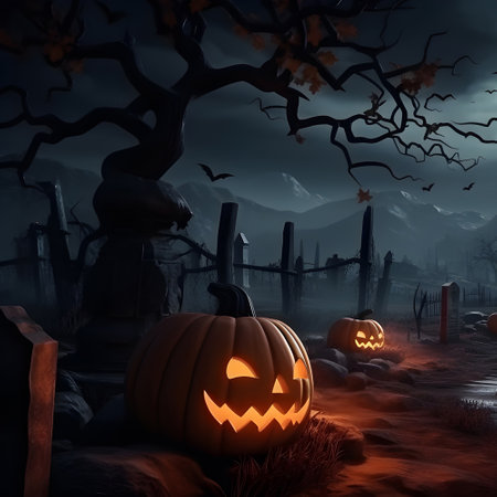 Halloween festival and pumpkins in the cemetery on a night with ghosts in the night - Halloween backgroundの素材