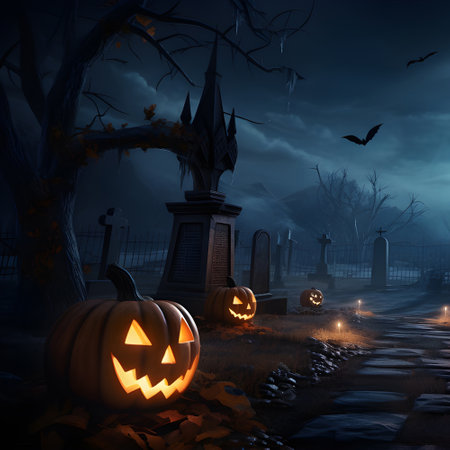 Halloween festival and pumpkins in the cemetery on a night with ghosts in the night - Halloween backgroundの素材