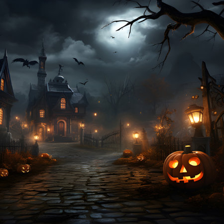 Halloween festival and pumpkins in the cemetery on a night with ghosts in the night - Halloween backgroundの素材