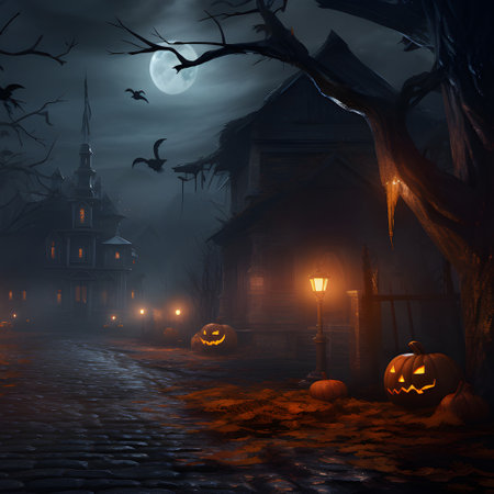 Halloween festival and pumpkins in the cemetery on a night with ghosts in the night - Halloween backgroundの素材