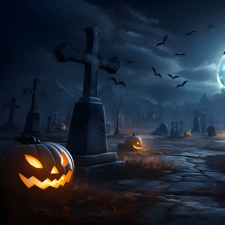 Halloween festival and pumpkins in the cemetery on a night with ghosts in the night - Halloween backgroundの素材