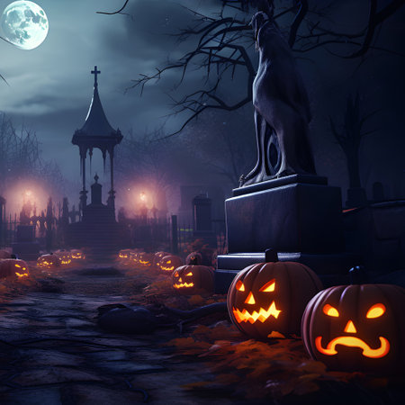 Halloween festival and pumpkins in the cemetery on a night with ghosts in the night - Halloween backgroundの素材