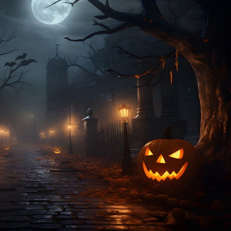 Halloween festival and pumpkins in the cemetery on a night with ghosts in the night - Halloween backgroundの素材