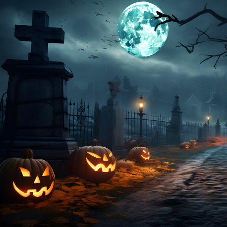 Halloween festival and pumpkins in the cemetery on a night with ghosts in the night - Halloween backgroundの素材