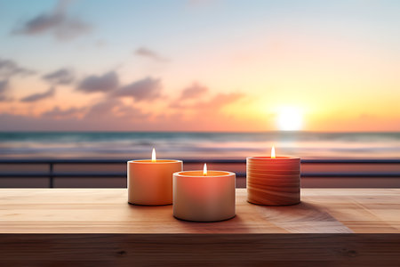 Scented candles with spa and flowers in a glass holder on a seaside table, space for textの素材
