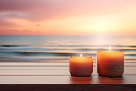 Scented candles with spa and flowers in a glass holder on a seaside table, space for textの素材