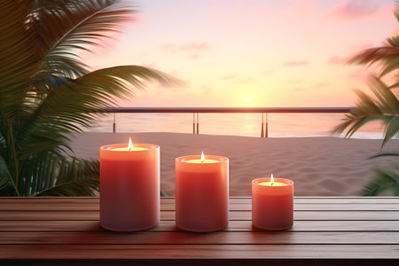 Scented candles with spa and flowers in a glass holder on a seaside table, space for textの素材