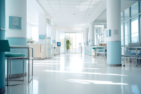 The decoration of the nursing staff's desks inside the new hospital building is beautiful and pleasing to the eye.の素材