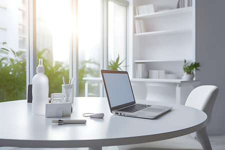 View of work desk, notebook and coffee Cozy place with laptop, coffee mug, plant pot, office supplies. and a photocopy area on a white table in a glass partitionの素材