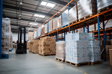 Logistics company, warehouse, cardboard boxes and shelves with parcels. Customs warehouse specialist. Warehouse delivery service. distribution warehouseの素材