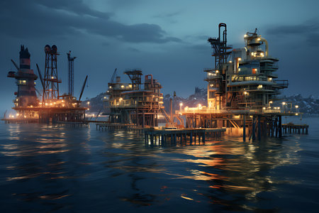 Petroleum drilling rig, offshore drilling rig during sunsetの素材