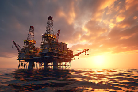 Petroleum drilling rig, offshore drilling rig during sunsetの素材