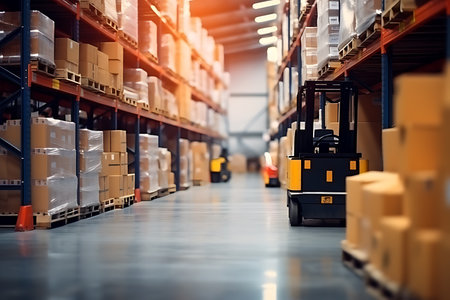 Logistics company, warehouse, cardboard boxes and shelves with parcels. Customs warehouse specialist. Warehouse delivery service. distribution warehouseの素材