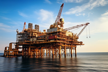 Petroleum drilling rig, offshore drilling rig during sunsetの素材