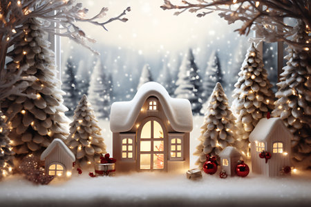 Big christmas tree decorated with beautiful living room and many different presents on wooden floor. Blue wall background. 3d renderの素材