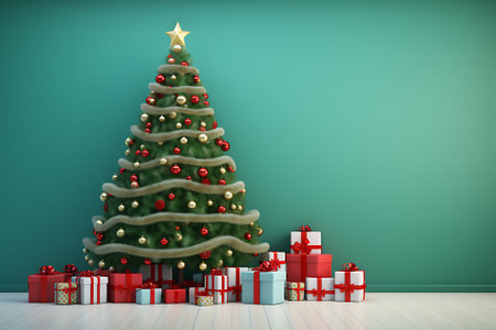 Big christmas tree decorated with beautiful living room and many different presents on wooden floor. Blue wall background. 3d renderの素材