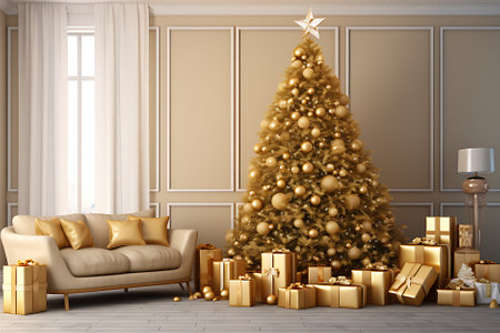 Big christmas tree decorated with beautiful living room and many different presents on wooden floor. Blue wall background. 3d renderの素材