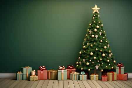 Big christmas tree decorated with beautiful living room and many different presents on wooden floor. Blue wall background. 3d renderの素材