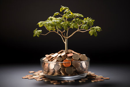 The tree is growing both on the progress of money and financial reports, along with financial accounts, business, investment on the investor's table. Front investment conceptの素材