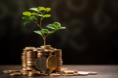 The tree is growing both on the progress of money and financial reports, along with financial accounts, business, investment on the investor's table. Front investment conceptの素材