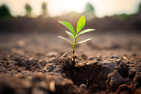 The concept of environmental restoration The growth of seedlings on cracked soil, cracked soil in the dry season affected by global warming causes climate change, water shortages.の素材