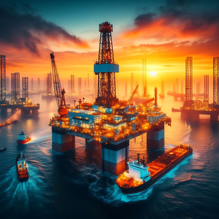 Drilling rig platform at sea as a part of petroleum industry in the sky is blue clearの素材