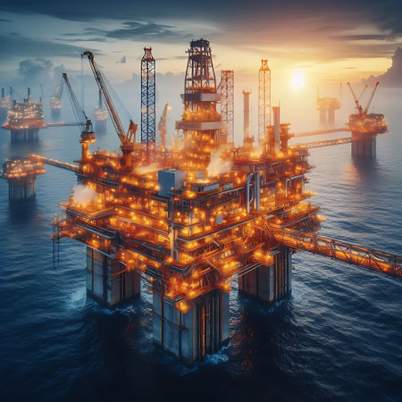 Drilling rig platform at sea as a part of petroleum industry in the sky is blue clearの素材