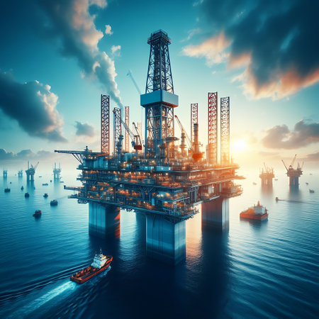 Drilling rig platform at sea as a part of petroleum industry in the sky is blue clearの素材