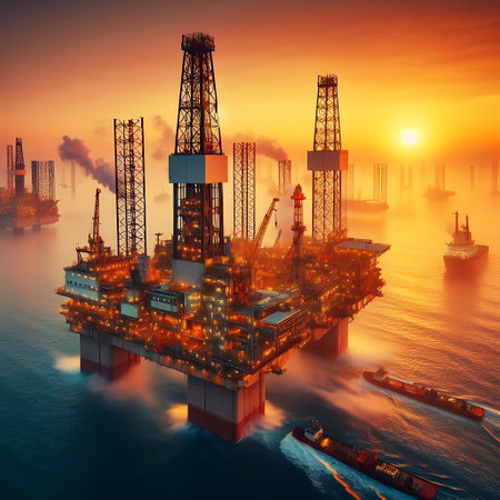 Drilling rig platform at sea as a part of petroleum industry in the sky is blue clearの素材