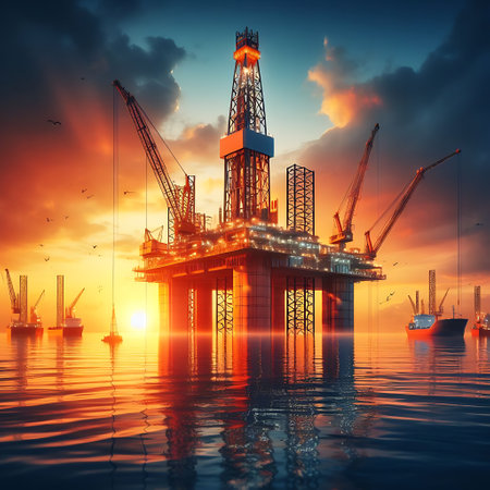 Drilling rig platform at sea as a part of petroleum industry in the sky is blue clearの素材