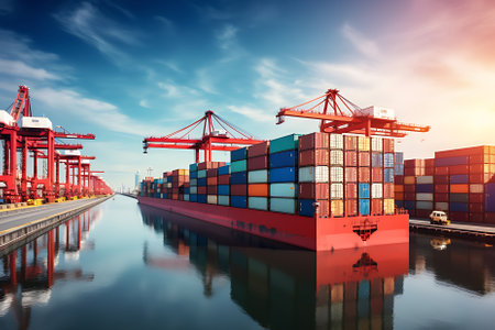 Container ship carrying container boxes import export dock with quay crane. Business commercial trade global cargo freight shipping logistic and transportation worldwide oversea conceptの素材