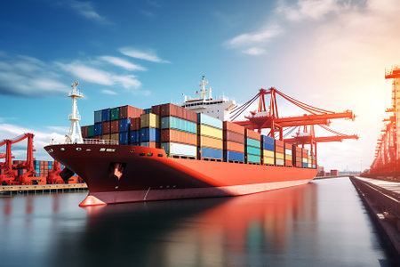 Container ship carrying container boxes import export dock with quay crane. Business commercial trade global cargo freight shipping logistic and transportation worldwide oversea conceptの素材