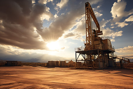 Petroleum drilling rig, offshore drilling rig during sunsetの素材