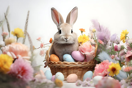 realistic easter eggs rabbit basket of flowers on pastel garden backgroundの素材