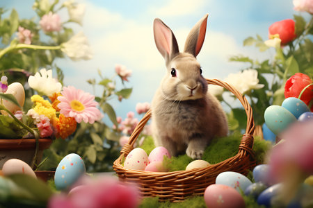 realistic easter eggs rabbit basket of flowers on pastel garden backgroundの素材