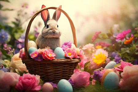 realistic easter eggs rabbit basket of flowers on pastel garden backgroundの素材