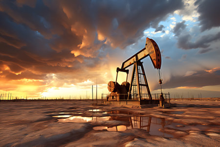 Petroleum drilling rig, offshore drilling rig during sunsetの素材